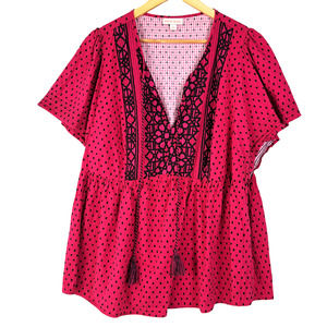 Knox Rose Top Womens 1X Pink Boho Embroidered Dot Tassels V-Neck Short Sleeves